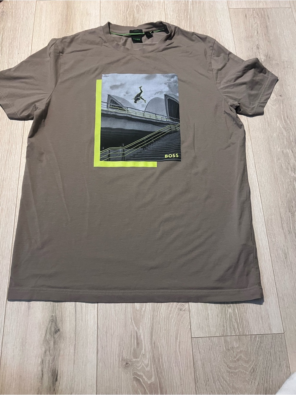 Boss Men's Taupe Graphic Short-Sleeve Tee with Neon Yellow Accent
